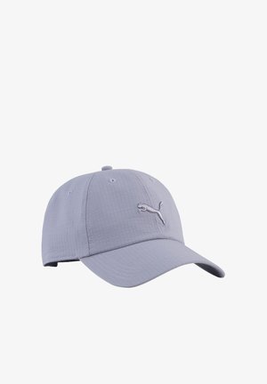 Casquette de baseball Puma gris clair avec une visière incurvée et un logo Puma brodé sur le panneau avant.