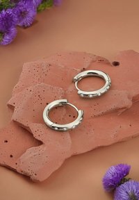 Silvriga hoops i öronen med en slät yta och små runda accenter. Visade på en strukturerad rödaktig yta med lila blommor i bakgrunden.