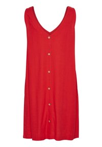 Rotes Leinenkleid mit V-Ausschnitt, ausgestattet mit einer durchgehenden Knopfleiste und zwei Seitentaschen. Der Stoff hat eine glatte Textur.
