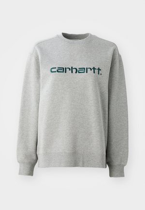 Gray sweatshirt made of cotton blend, featuring a crew neck and ribbed cuffs. Displayed logo in dark green across the chest.