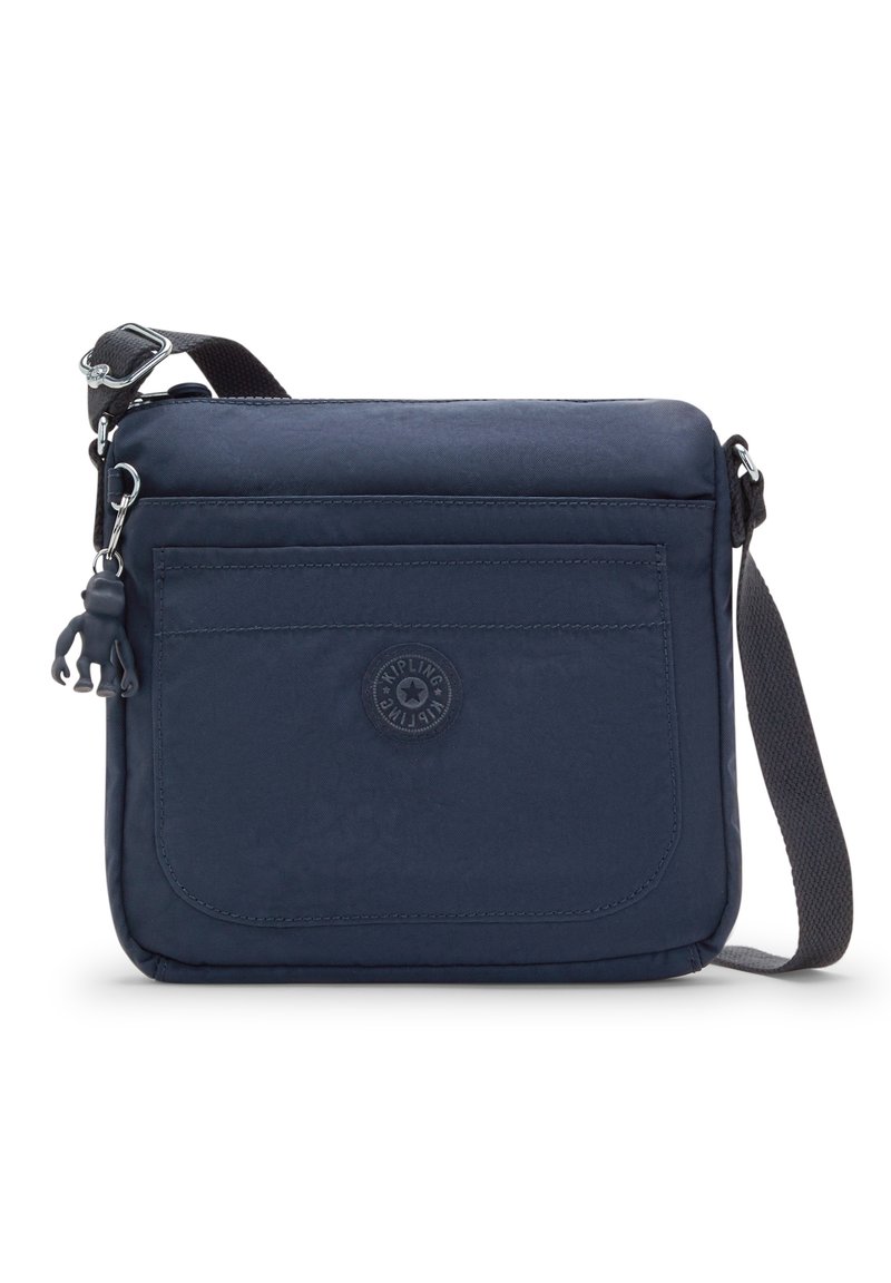 Navyblaue Nylon-Crossbody-Tasche mit verstellbarem Tragegurt, ausgestattet mit einer Fronttasche, Logo-Patch und einem Schlüsselanhänger-Akzent in Form eines Affen.