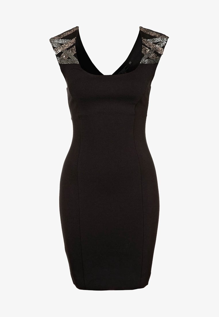 Robe noire ajustée avec décolleté en V, ornée d'accents métalliques texturés sur les épaules. Tissu lisse, design sans manches. Silhouette élégante et épurée.