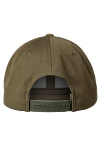 Groene stoffen pet met een gestructureerd oppervlak, verstelbare kunststof band aan de achterkant en ventilatiegaten voor ademend vermogen.