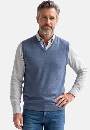 Mann mittleren Alters mit grauen Haaren und Bart trägt eine blaue Strickweste über einem hellgrauen Hemd und blauen Jeans, steht mit einer Hand in der Hüfte.