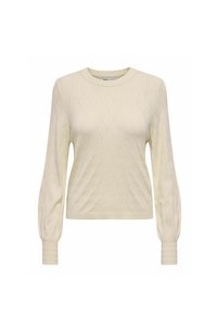 Suéter de color crema con un patrón de diamantes texturizado, cuello redondo y mangas largas y abullonadas con puños de canalé.
