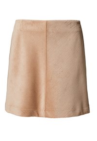 Mini-jupe trapèze en velours côtelé beige avec texture diagonale côtelée et détail de couture centrale à l'avant.