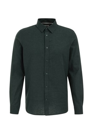 Tamnozeleni košulja dugih rukava na dugme izrađena od lana. Karakterizira je klasičan ovratnik, prednja patenca s dugmadima i opušteni kroj.