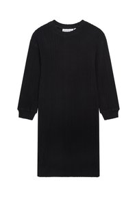 Schwarzes Strickkleid mit langen Ärmeln, gerippter Textur und rundem Ausschnitt. Der Saum ist gerade und die Ärmelbündchen sind schmal.