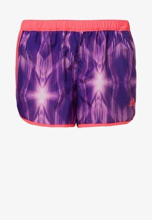 Shorts violets avec un motif géométrique, dotés d'une taille élastique rose et de finitions. Fabriqués en tissu léger pour le confort et la liberté de mouvement.