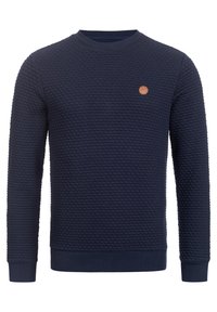 Marineblauwe sweatshirt van gestructureerde stof met een ronde halslijn. Voorzien van geribbelde manchetten en zoom, en een klein leren logo-detail.
