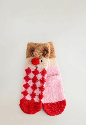 Tofflor med renmönster i beige, rosa och röd. Har horn, en röd näsa och strukturerade mönster på tyget.