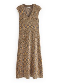 Strickkleid in Beige, Gelb und Blau mit V-Ausschnitt, kurzen Ärmeln und fließender A-Linien-Form; hat ein abstraktes horizontales Muster.