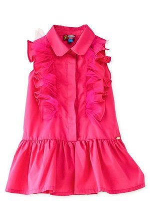 Vestito senza maniche di colore rosa acceso con dettagli in tulle arricciato sul davanti e orlo arricciato, con colletto appuntito e chiusura con bottoni.