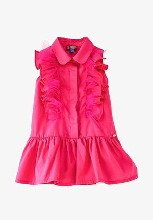 Vestido sin mangas de color rosa brillante con detalles de tul plisado en la parte delantera y dobladillo con volantes, con cuello puntiagudo y cierre de botones.
