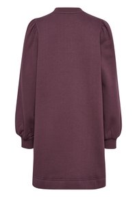 Langes, pflaumenfarbenes Kleid aus weichem Stoff. Es verfügt über gepuffte Ärmel, einen runden Ausschnitt und einen knielangen Saum. Einfaches, minimalistisches Design.