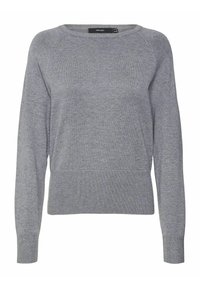 Szary sweter dziany z okrągłym dekoltem, długimi rękawami i ściągaczami przy nadgarstkach. Charakteryzuje się luźnym krojem i miękką teksturą.