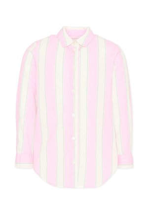 Koszula na guziki z długim rękawem w pionowe pasy w kolorach różowym, białym i subtelnej zieleni, wyposażona w kołnierzyk i mankiety zapinane na guziki.