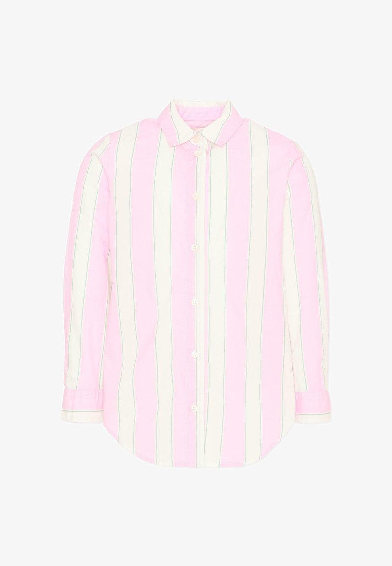 Chemise à manches longues avec boutons, à rayures verticales roses, blanches et vertes discrètes, dotée d'un col et de poignets boutonnés.