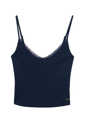 Navy blauw mouwloze geribde top met verstelbare dunne bandjes en kanten rand langs de V-halslijn.