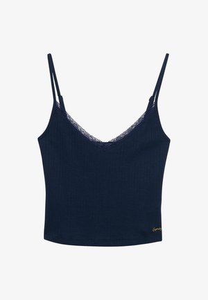 Navy blauw mouwloze geribde top met verstelbare dunne bandjes en kanten rand langs de V-halslijn.