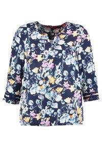 Blusa floreale in tessuto blu navy con fiori colorati, scollatura a V, maniche a tre quarti e dettagli in pizzo sulle maniche.