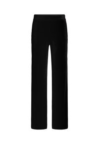 Zwarte broek met wijde pijpen van zacht fluwelen stof. Heeft een elastische tailleband en een gladde textuur, ontworpen voor comfort en gemakkelijke draagbaarheid.