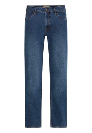 Dark blue denim jeans with a straight leg cut, featuring standard five-pocket design and contrasting stitching along the seams.