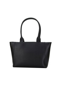 Borsa tote nera in pelle con due manici, forma rettangolare, texture liscia e design minimalista. Nessun hardware o dettaglio visibile.