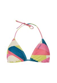 Triangulär bikiniöverdel med flerfärgade staplar (rosa, blå, grön) och glänsande yta. Har justerbara band vid nacken och ryggen. Varumärkeslogotyp finns.