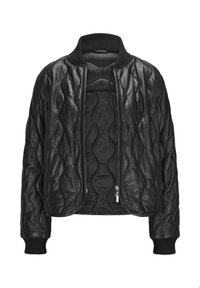 Schwarze Lederbomberjacke mit gestepptem Muster, gerippten Bündchen und Kragen sowie einem Frontreißverschluss. Das Innere ist glatt und ungeschmückt.