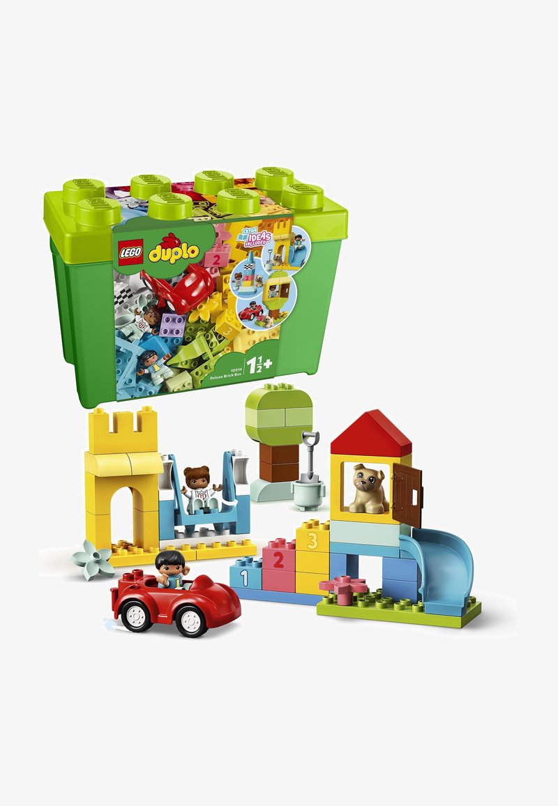 LEGO Duplo Deluxe Brick Box in green contains colorful bricks, a red car, a bear figure, and a slide, featuring various shapes and textures.