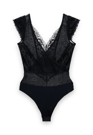 Schwarzer Spitzen-Body mit tiefem V-Ausschnitt und kurzen, ausgestellten Ärmeln. Verfügt über eine florale Spitzenüberlagerung und eine solide schwarze untere Hälfte.