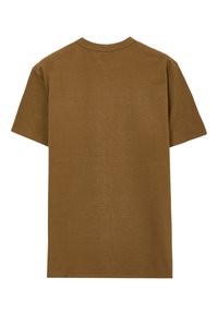 T-shirt marrone a maniche corte realizzato in materiale testurizzato, con colletto rotondo e orlo diritto, caratterizzato da sottili righe orizzontali.
