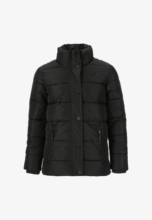 Svart quiltad pufferjacka med hög krage, tryckknapp framtill, två zippered sidofickor och långa ärmar.