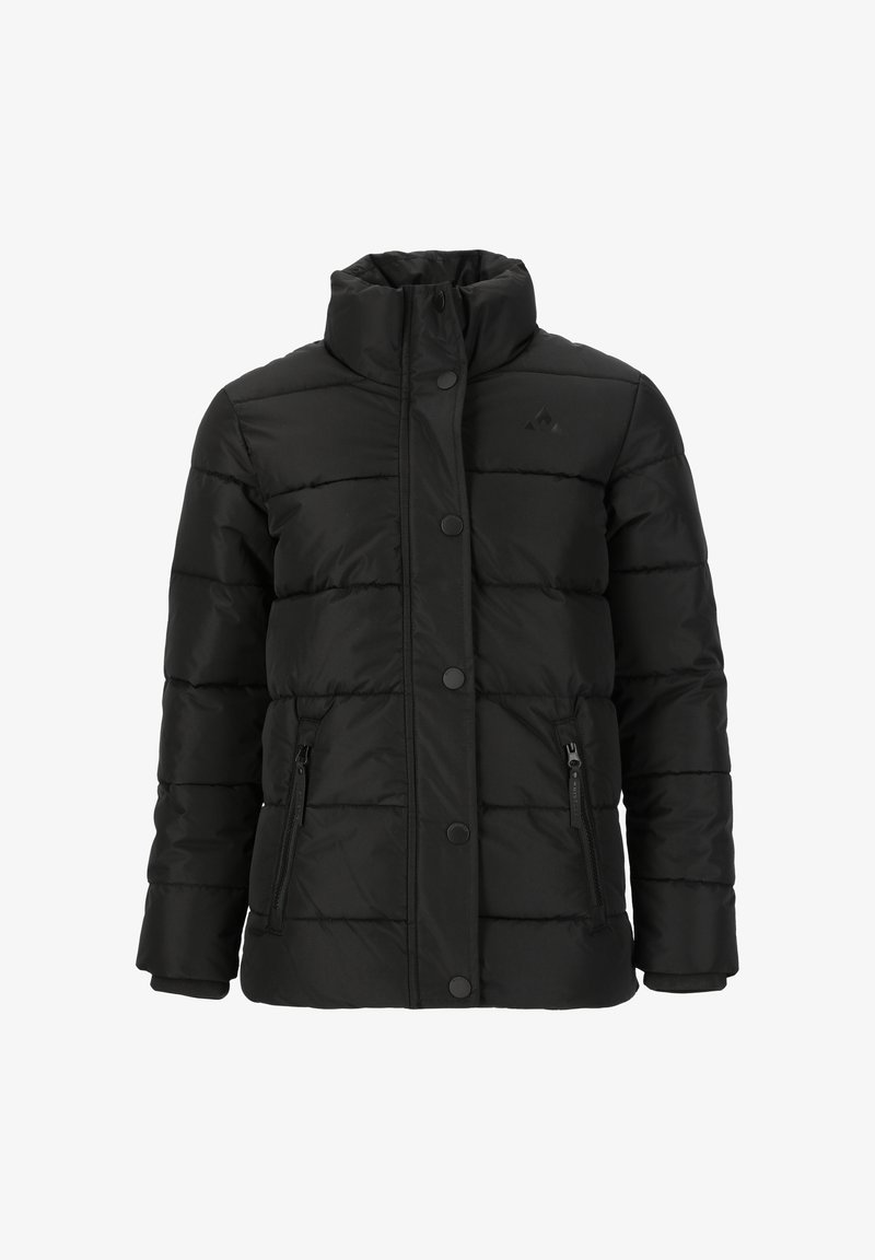 Sort quiltet dunjakke med høj krave, trykknaplukning foran, to lynlåslommer på siden og lange ærmer.