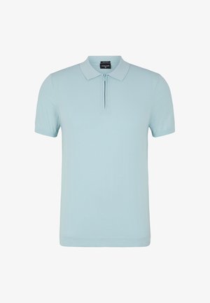 Light blue short-sleeve polo shirt made of smooth knit fabric. Features a classic collar with a quarter zip. Simple, unadorned design.