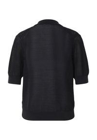 Haut en maille noire à manches courtes avec col, poignets et ourlet côtelés, vu de dos sur fond blanc.
