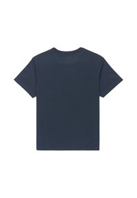 Einfache dunkelblaue kurzärmelige T-Shirt flach ausgelegt, zeigt die Rückseite mit einem runden Halsausschnitt.