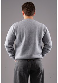 Grauer Pullover mit glatter Textur, ausgestattet mit einem klassischen Rundhalsausschnitt und langen Ärmeln, getragen mit dunkelgrauen Jeans.