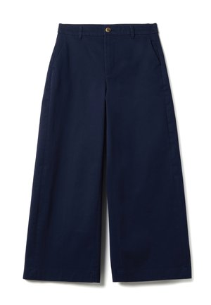 Pantalon à jambes larges bleu marine avec poches à l'avant, passants pour ceinture et fermeture par bouton à la taille.