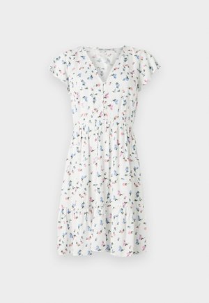 Ziedu kleita ar baltu audumu, kas rotāts ar krāsainiem ziedu rakstiem, īsām zvaniņa piedurknēm, V-veida izgriezumu un savilktu vidukli.