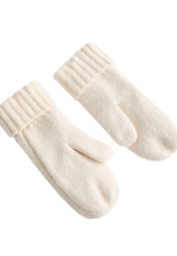 Bijele vune rukavice boje krem s rebrastim manžetama, karakterizirane mekanom teksturom i zaobljenim oblikom, dizajnirane za toplinu i udobnost.