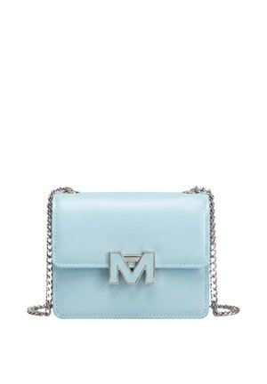 Small light blue leather crossbody bag with silver chain strap and a large silver "M" clasp on the front flap.