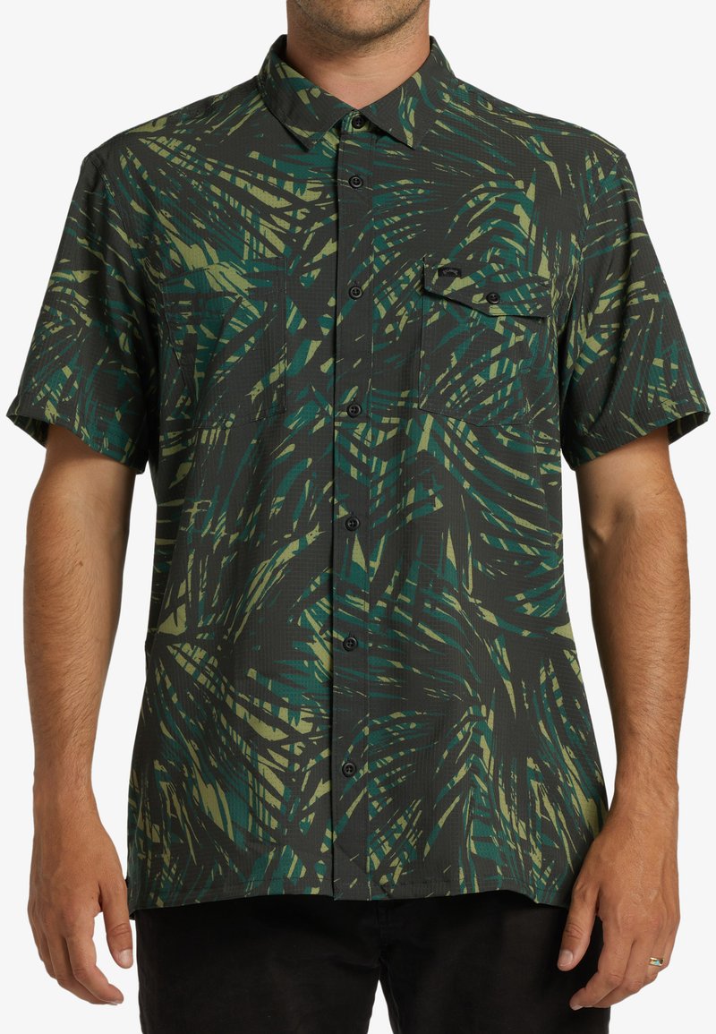 Short-sleeve button-up shirt, dark with green and yellow abstract leaf patterns, featuring a patch pocket and a standard collar.