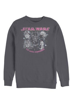 Donkergrijze trui met Star Wars-personages Luke, Darth Vader, Yoda, Chewbacca en Han Solo met tekst "Star Wars The Saga Continues."