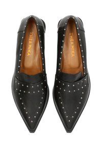 Black leather slip-on shoes with pointed toes, featuring silver stud detailing across the front and a smooth texture. Branding inside.
