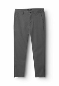 Gray tailored pants with a textured pattern, front pockets, a button closure, and zip accents at the cuffs. Made from lightweight fabric.
