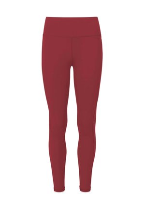 High-waist full-length women's burgundy leggings with seamless design and slim fit.
