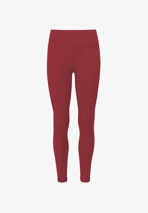 High-waist full-length women's burgundy leggings with seamless design and slim fit.