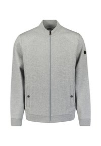 Lichtgrijze zip-up jas met staande kraag, textuur op de voorkant, twee drukknoopzakken en ribgebreide manchetten en zoom.